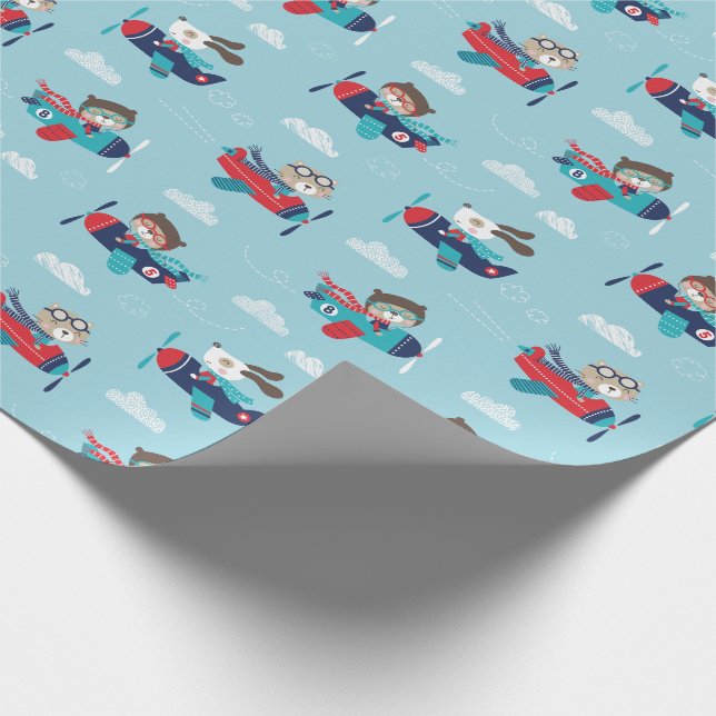 Cute animals in airplanes on blue Wrapping Paper (Corner)
