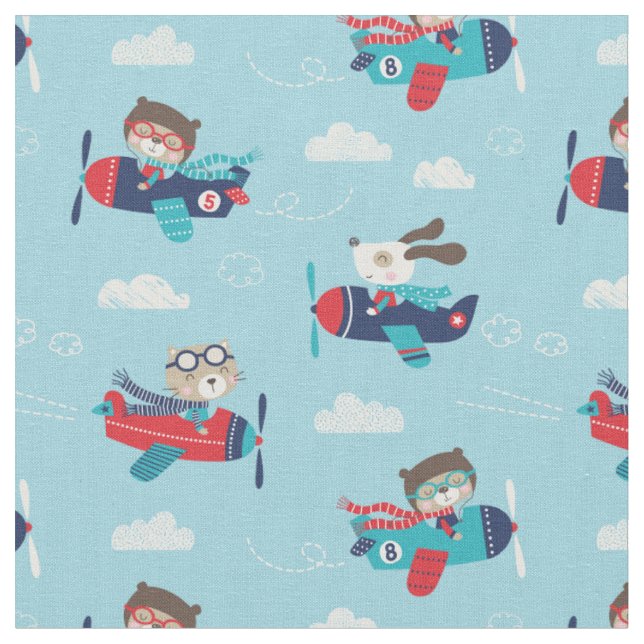 Cute Animals in Airplanes on light blue Fabric (Close Up)