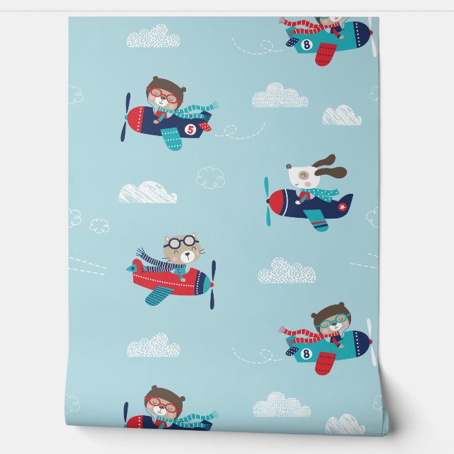 Cute animals in airplanes with clouds on blue wallpaper (Unrolling)