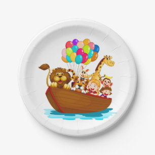 Cute Animals in Boat with Balloons Paper Plate
