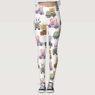 Cute Animals In Cars Pattern Leggings