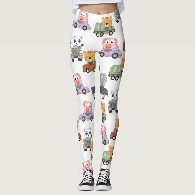 Cute Animals In Cars Pattern Leggings (Front)