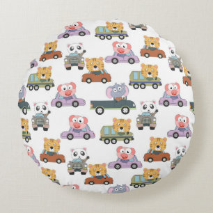 Cute Animals In Cars Pattern Round Pillow