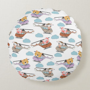 Cute Animals In Helicopter Pattern Round Pillow