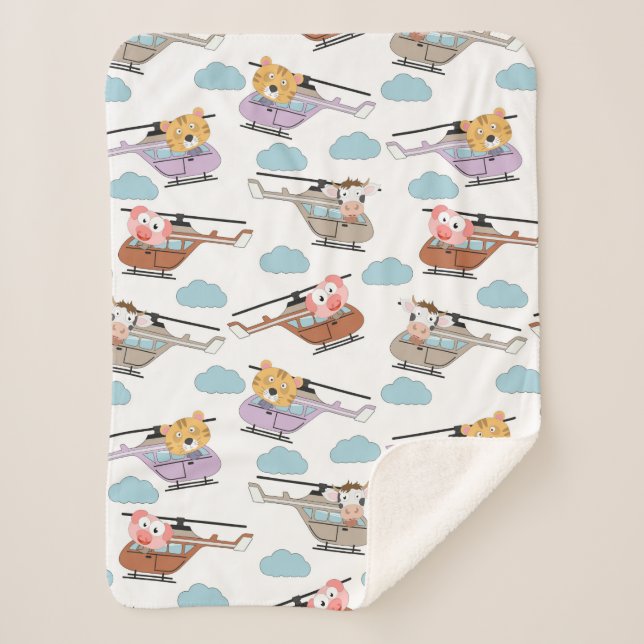 Cute Animals In Helicopter Pattern Sherpa Blanket (Front)