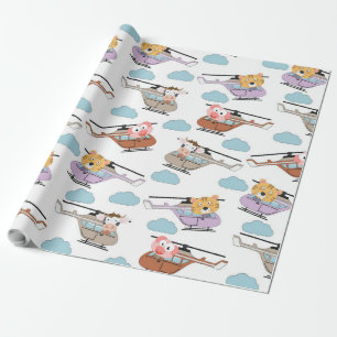 Cute Animals In Helicopter Pattern Wrapping Paper