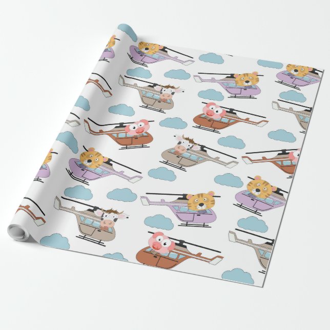 Cute Animals In Helicopter Pattern Wrapping Paper (Unrolled)