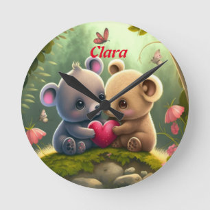 Cute animals in love round clock