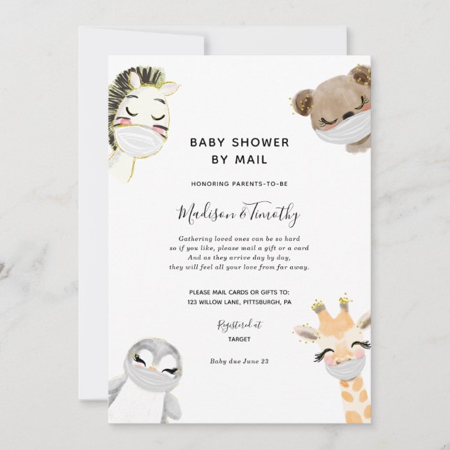 Cute Animals in Masks Baby Shower by Mail Invitation (Front)