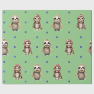 Cute Animals in Scarves Christmas on Green Wrapping Paper