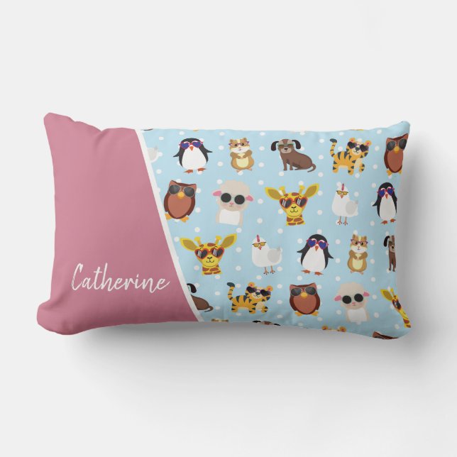 Cute Animals in Sunglasses with Name Lumbar Pillow (Front)