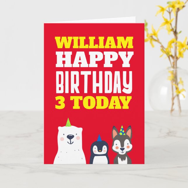 Cute Animals Kids Any Age Name Red Birthday Card (Yellow Flower)