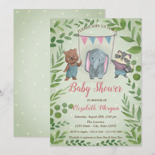 Cute Animals,Leaves, Blue Dots Baby Shower Invitation