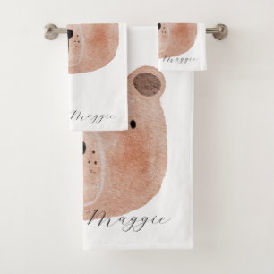 Cute animals monogram for girls watercolor pink bath towel set
