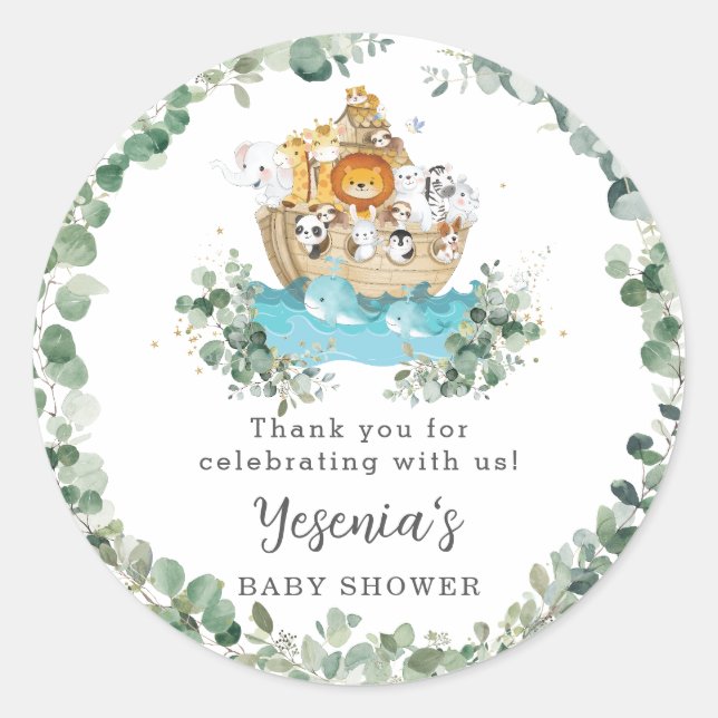 Cute Animals Noah's Ark Greenery Birthday Baby  Classic Round Sticker (Front)