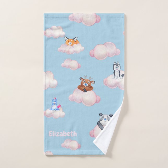 Cute Animals On Clouds Monogram Kids Towel (Hand Towel)