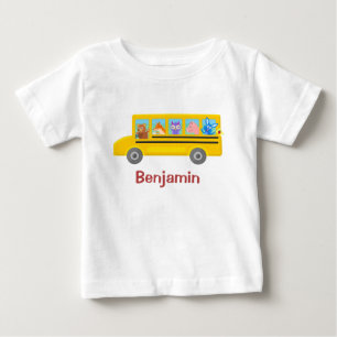 Cute Animals on the School Bus Personalized Name Baby T-Shirt