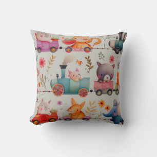 Cute Animals on the Train, Safari Throw Pillow