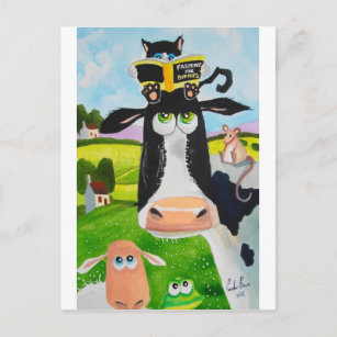 Cute animals painting Cow cat sheep frog Postcard
