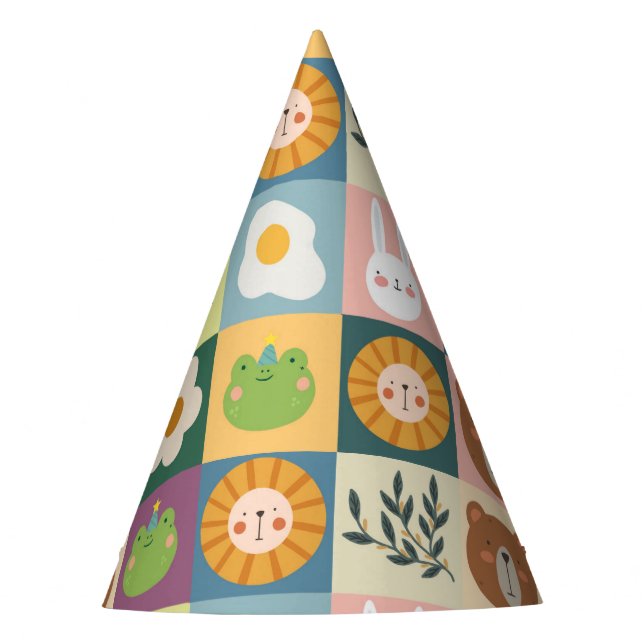 Cute animals patchwork colourful party hat (Front)