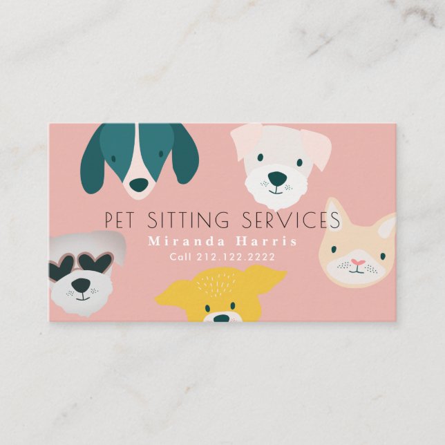 Cute Animals Pet Sitter Dog Walker Pink Business Card (Front)