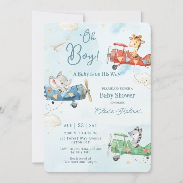 Cute Animals Plane Adventure Oh Boy Baby Shower Invitation (Front)