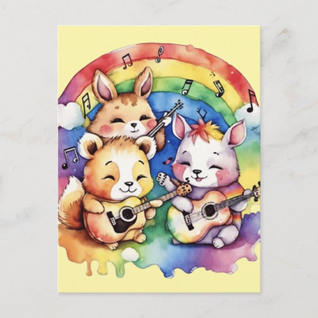 Cute animals playing music in the rainbow holiday postcard (Front)