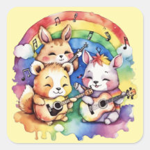 Cute animals playing music in the rainbow