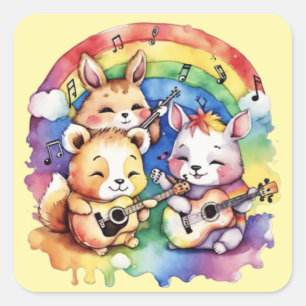 Cute animals playing music in the rainbow square sticker