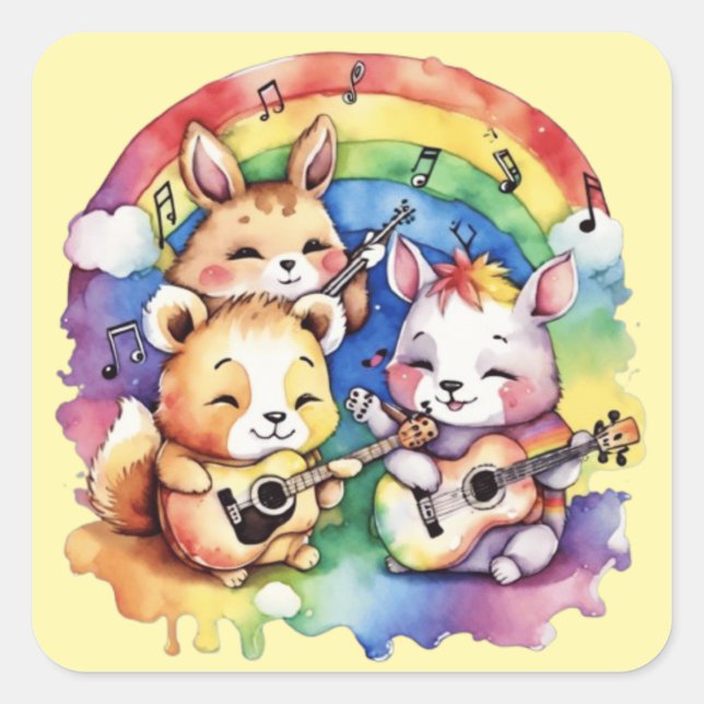 Cute animals playing music in the rainbow square sticker (Front)