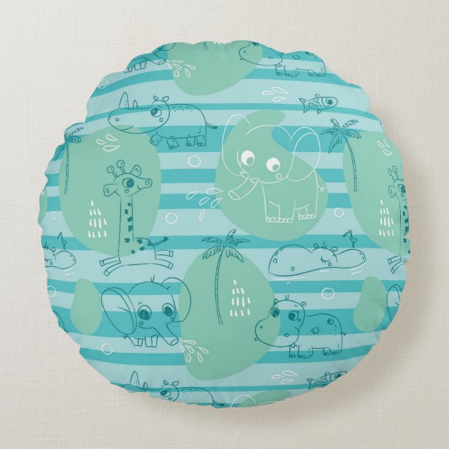 Cute animals playing with water 1 round pillow (Front)