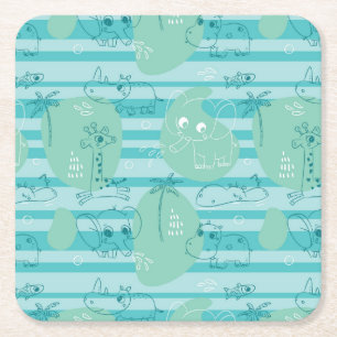 Cute animals playing with water 1 square paper coaster