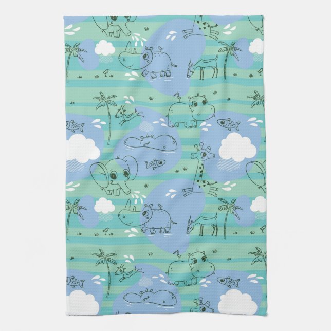 Cute animals playing with water 3 kitchen towel (Vertical)