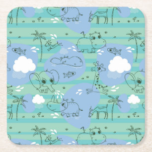Cute animals playing with water 3 square paper coaster