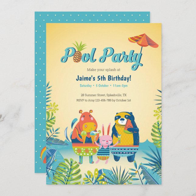 Cute Animals Pool Party Birthday Invitation (Front/Back)