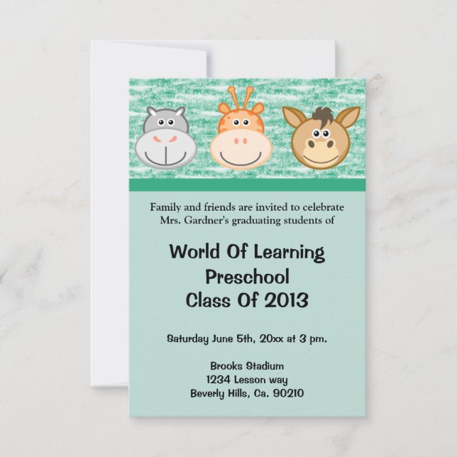 Cute Animals Preschool Or Kindergarten Graduation Invitation (Front)