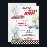 Cute Animals Race Cars 1st Birthday Fast ONE Invitation<br><div class="desc">Personalize this cute Fast ONE 1st birthday party invitation easily and quickly. Simply click the customize it further button to edit the text,  change fonts and fonts colours. Featuring cute elephant,  giraffe and zebra in their colourful race cars.  Matching items available in store. (c) Somerset Fine Paperie.</div>