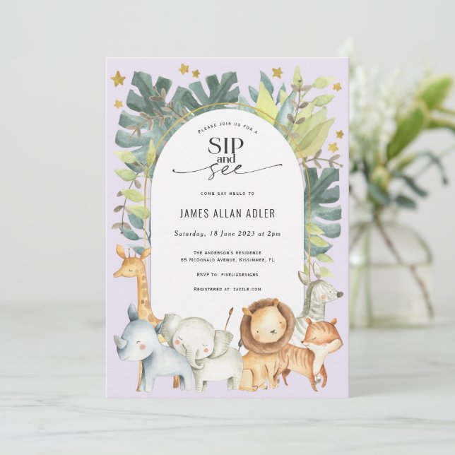 Cute animals safari baby girl sip and see invitation (Standing Front)