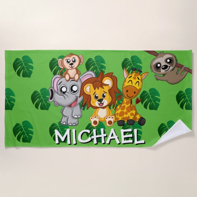 Cute Animals Safari Green Cartoon Jungle Name Beach Towel (Front)