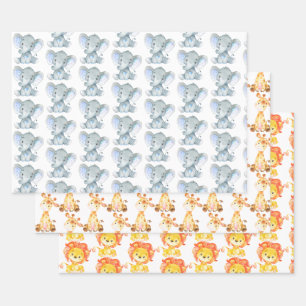 Cute Animals Safari Jungle Elephant Giraffe Lion Wrapping Paper Sheet