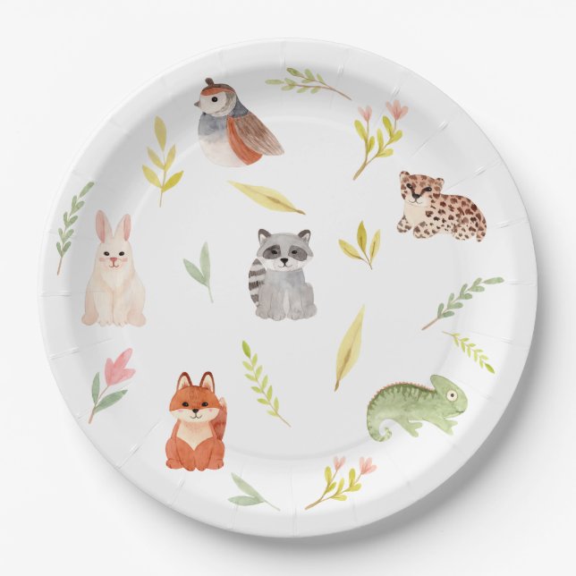 Cute Animals Watercolor Kids Paper Plate (Front)