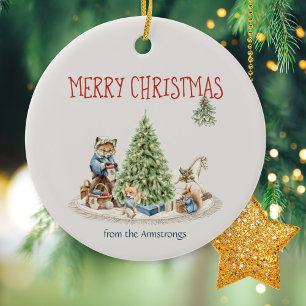 Cute Animals Watercolor Nostalgic Christmas Ceramic Ornament