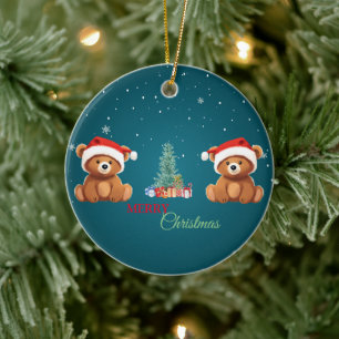 Cute animals winter Bear Santa Christmas tree Ceramic Ornament