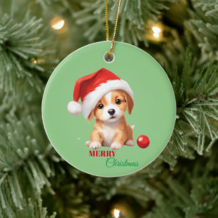 Cute animals winter puppy Dog Santa Christmas  Ceramic Ornament