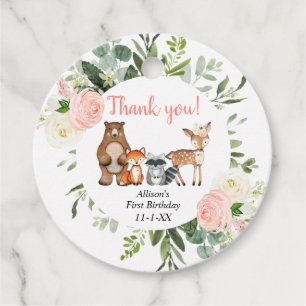 Cute animals woodland greenery girl birthday party favour tags