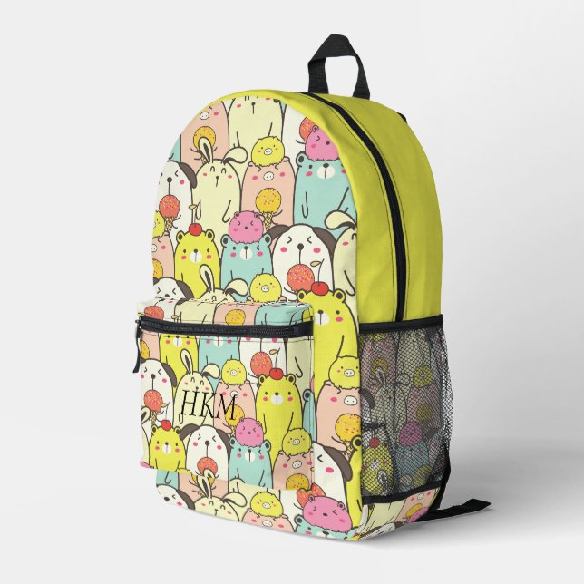 Cute Animals Yellow Monogram Name Printed Backpack (Back Corner Right)