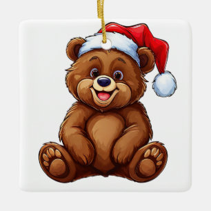 Cute Animated Bear in Santa Hat Ceramic Ornament