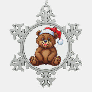 Cute Animated Bear in Santa Hat Snowflake Pewter Christmas Ornament