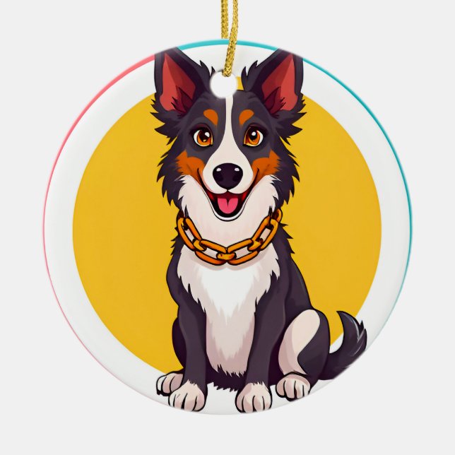 Cute Animated Dog with Collar Ceramic Ornament (Front)