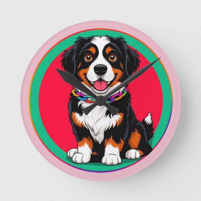 Cute Animated Dog with Collar Round Clock (Front)